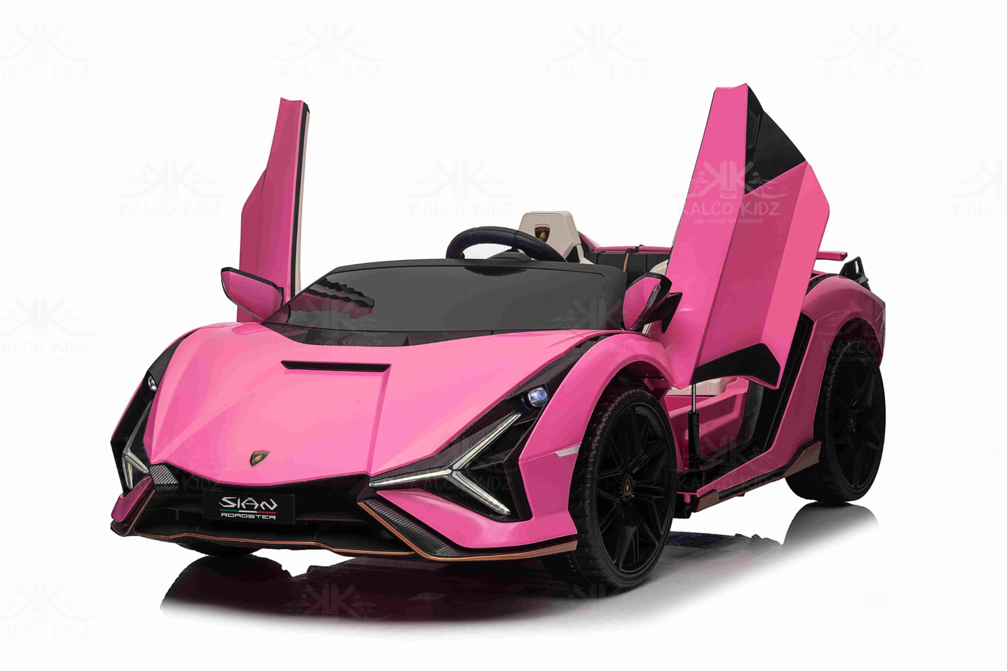 Pink ride on car Lamborghini SIAN with open doors on a white background