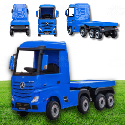 Blue toy truck with Mercedes-Benz logo on a grassy background