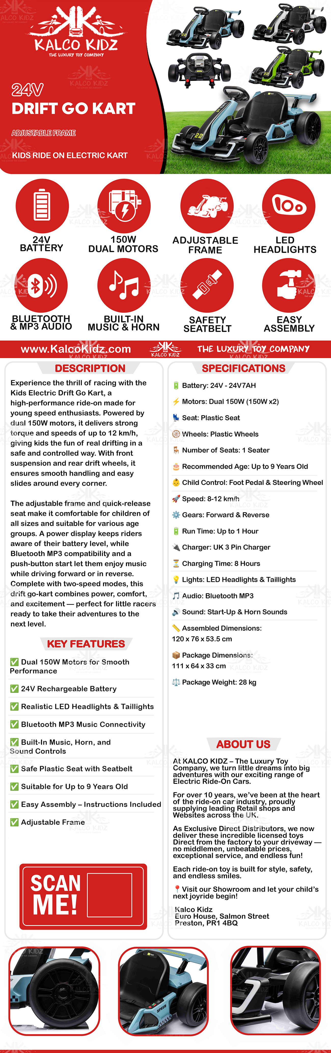 DRIFT GO KART - White | 24V | Bluetooth Audio | Adjustable Seat