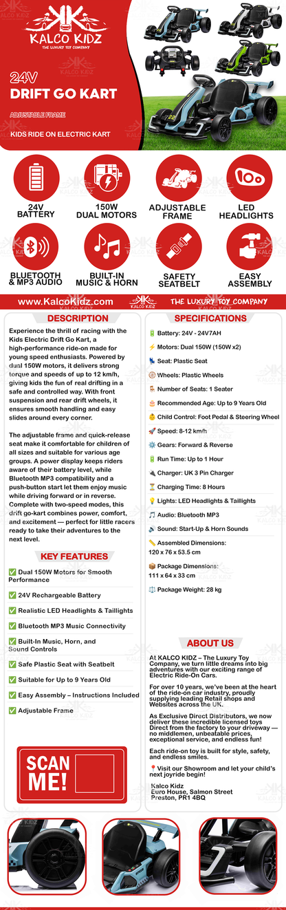 DRIFT GO KART - White | 24V | Bluetooth Audio | Adjustable Seat