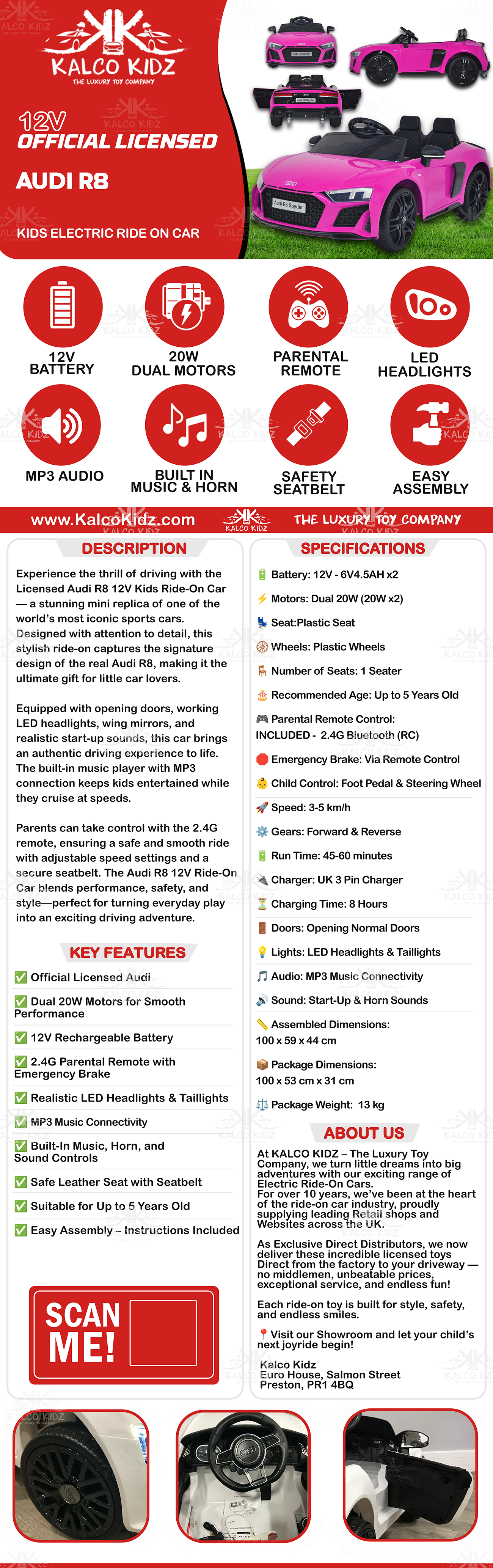 AUDI R8 - Pink | 12V | Dual 20W | Parental RC