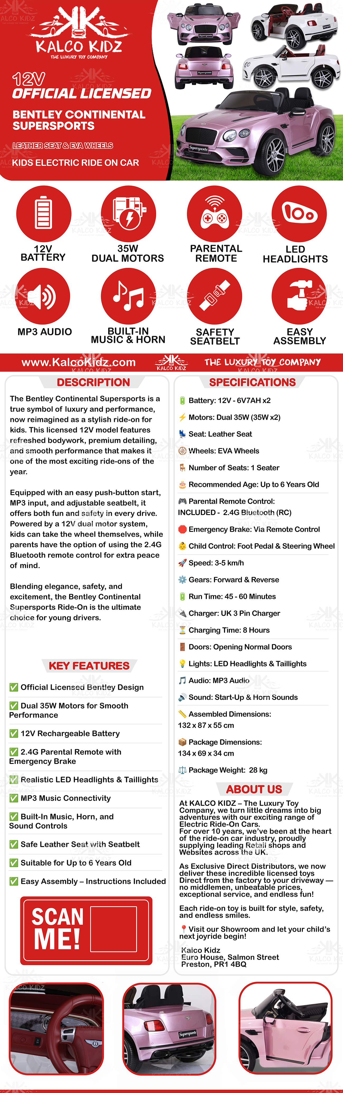 BENTELEY SUPERSPORTS - White | 12V | Leather Seat | EVA Wheels