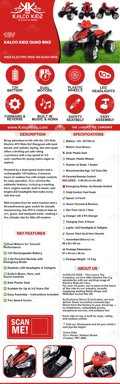 QUAD BIKE ATV - Red | 12V | Two Speed Options