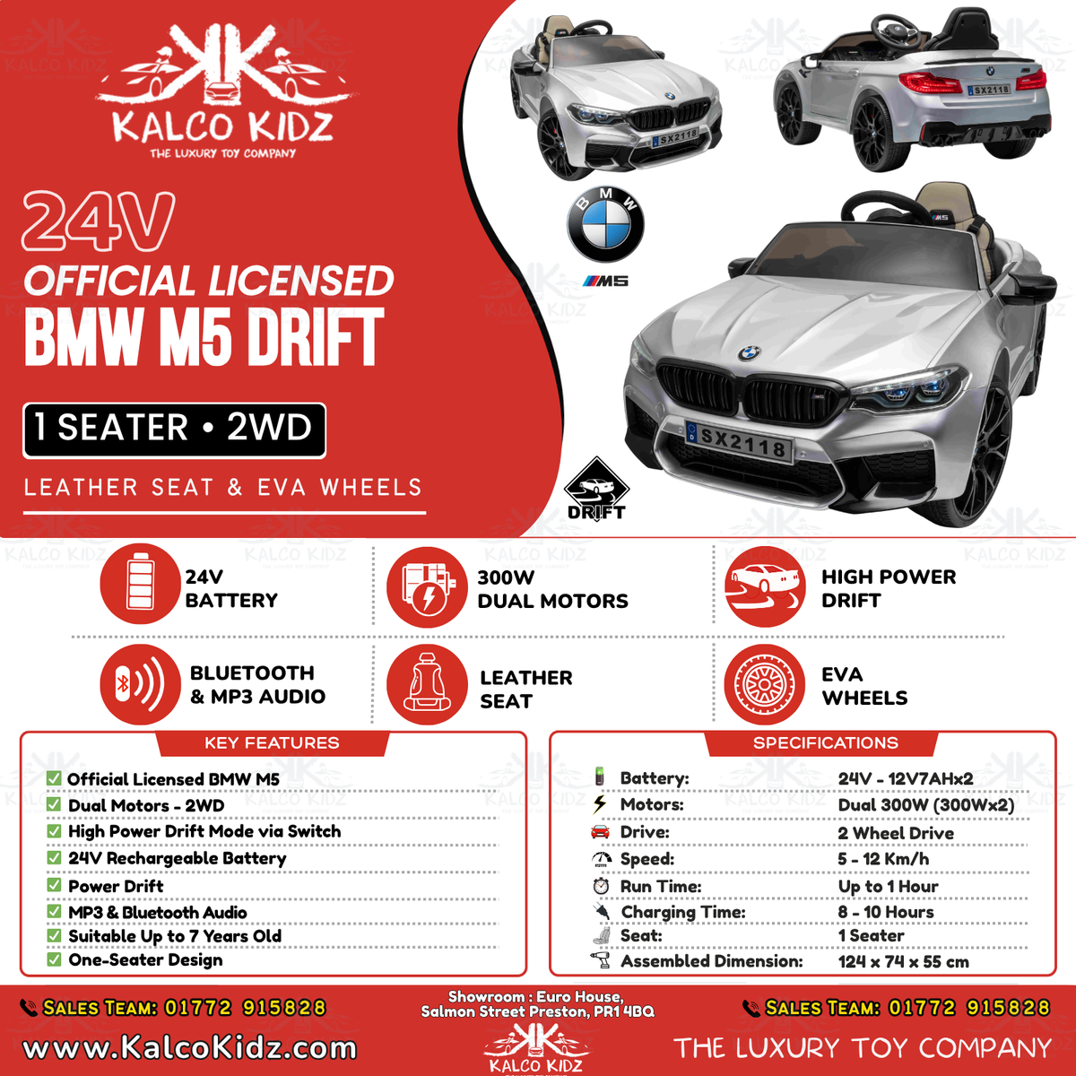 BMW M5 DRIFT - Silver Grey | 24V | Leather Seat | EVA Wheel | High Power | RC (Copy)