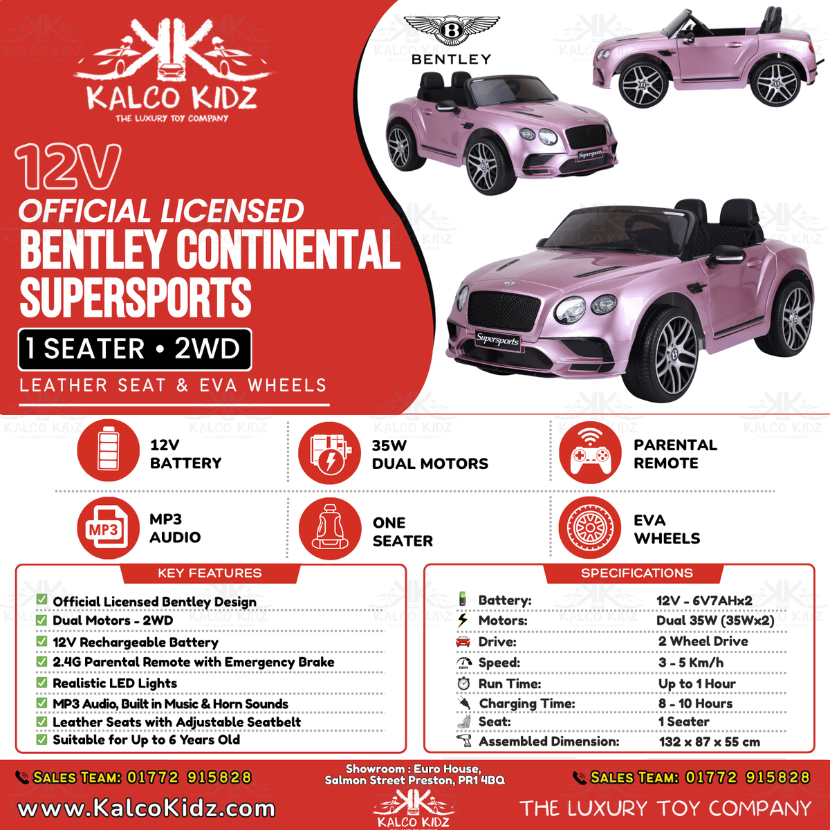 BENTLEY SUPERSPORTS - Paint Pink | 12V | Leather Seat | EVA Wheels