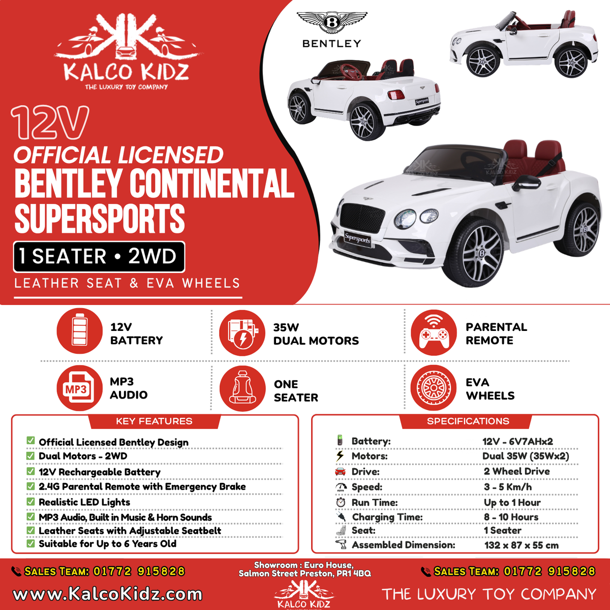 BENTLEY SUPERSPORTS - White | 12V | Leather Seat | EVA Wheels