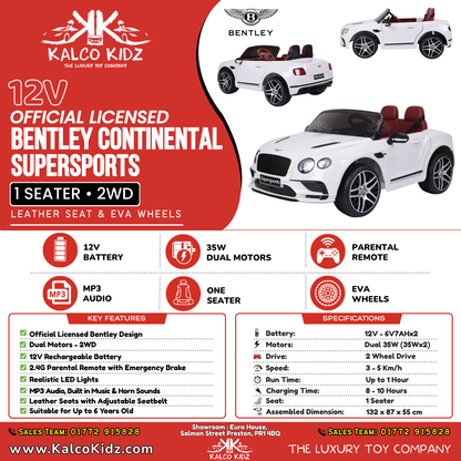 BENTLEY SUPERSPORTS - White | 12V | Leather Seat | EVA Wheels