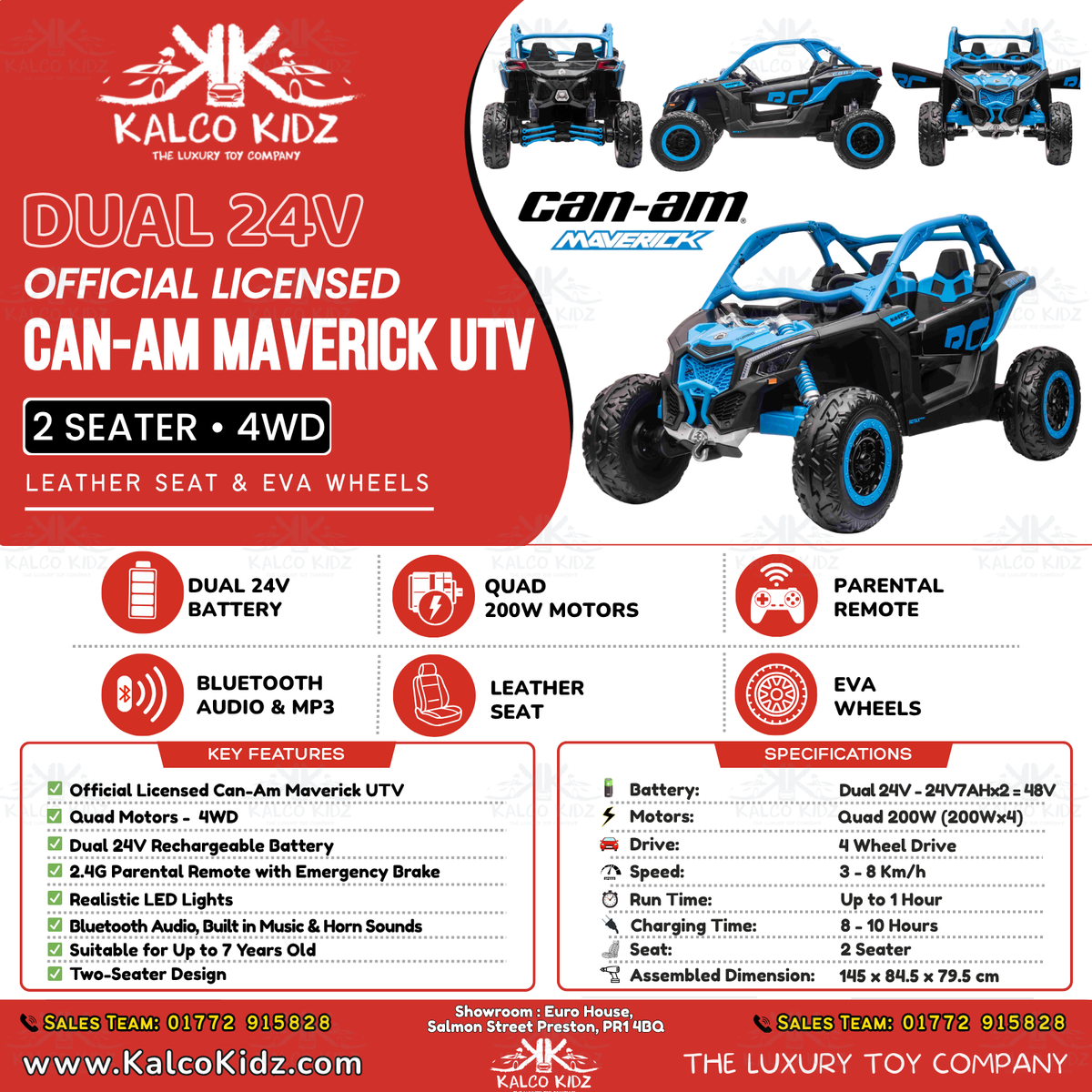 CanAm MAVERICK UTV - BLUE | DUAL 24V | 4WD | 2 Seater | Leather Seat | EVA Wheel | RC