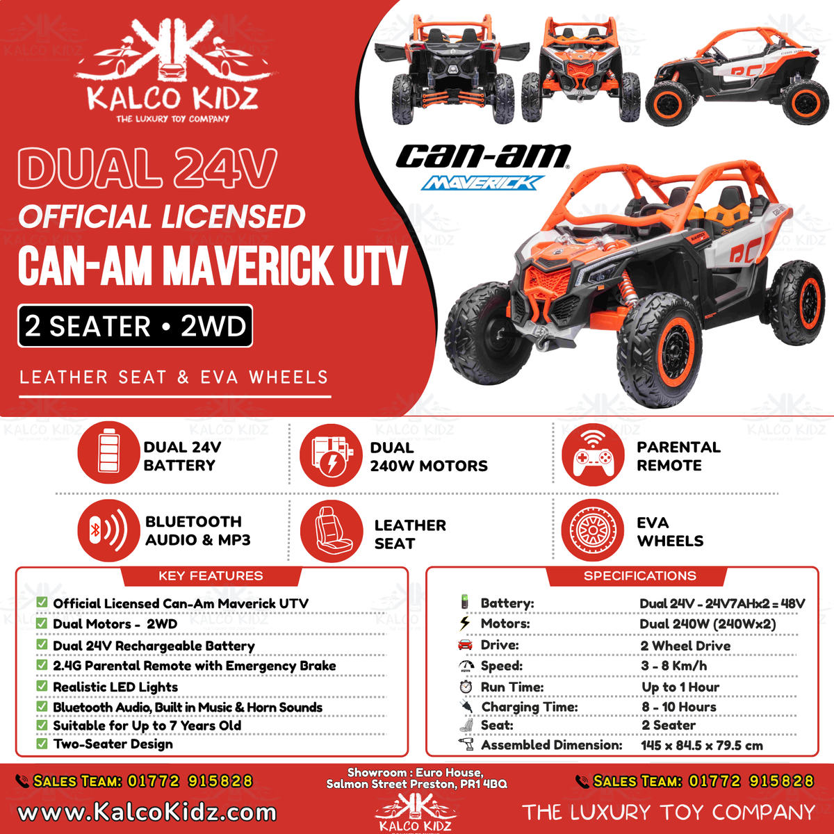 CanAm MAVERICK UTV - Orange | Dual 24V | 2 Seater | Leather Seat | EVA Wheel | RC