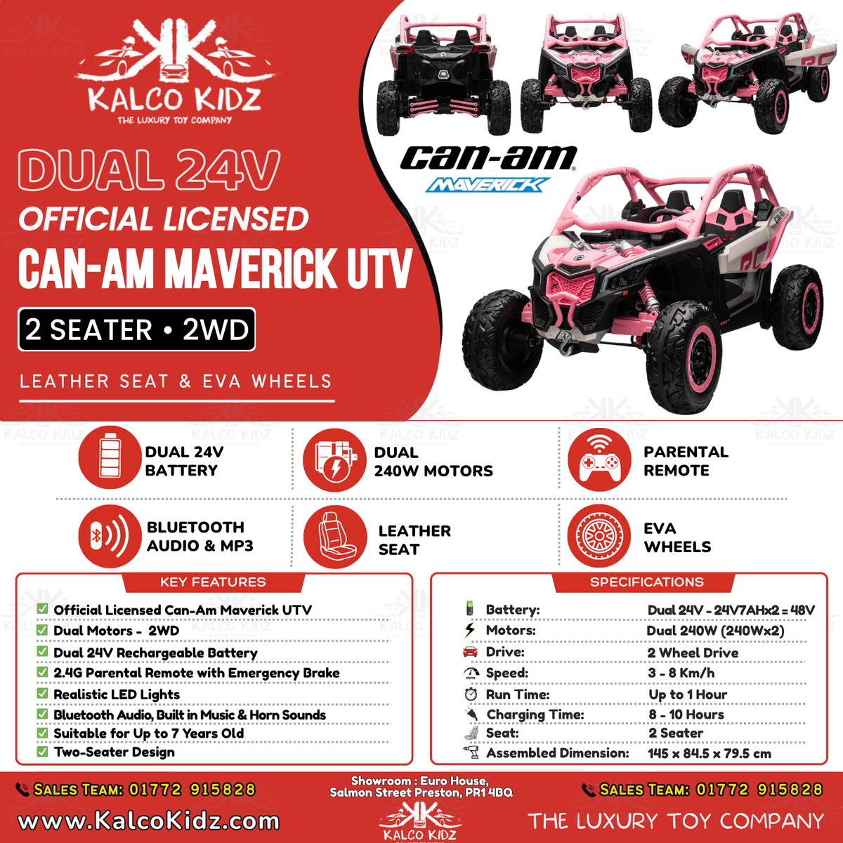 CanAm MAVERICK UTV - Pink | Dual 24V | 2 Seater | Leather Seat | EVA Wheel | RC