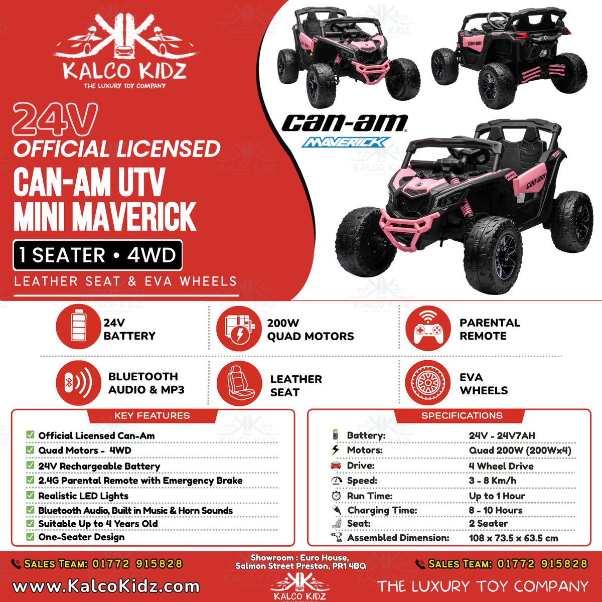 CanAm UTV MINI - Pink | 24V | Leather Seat | EVA Wheels | High Power | RC