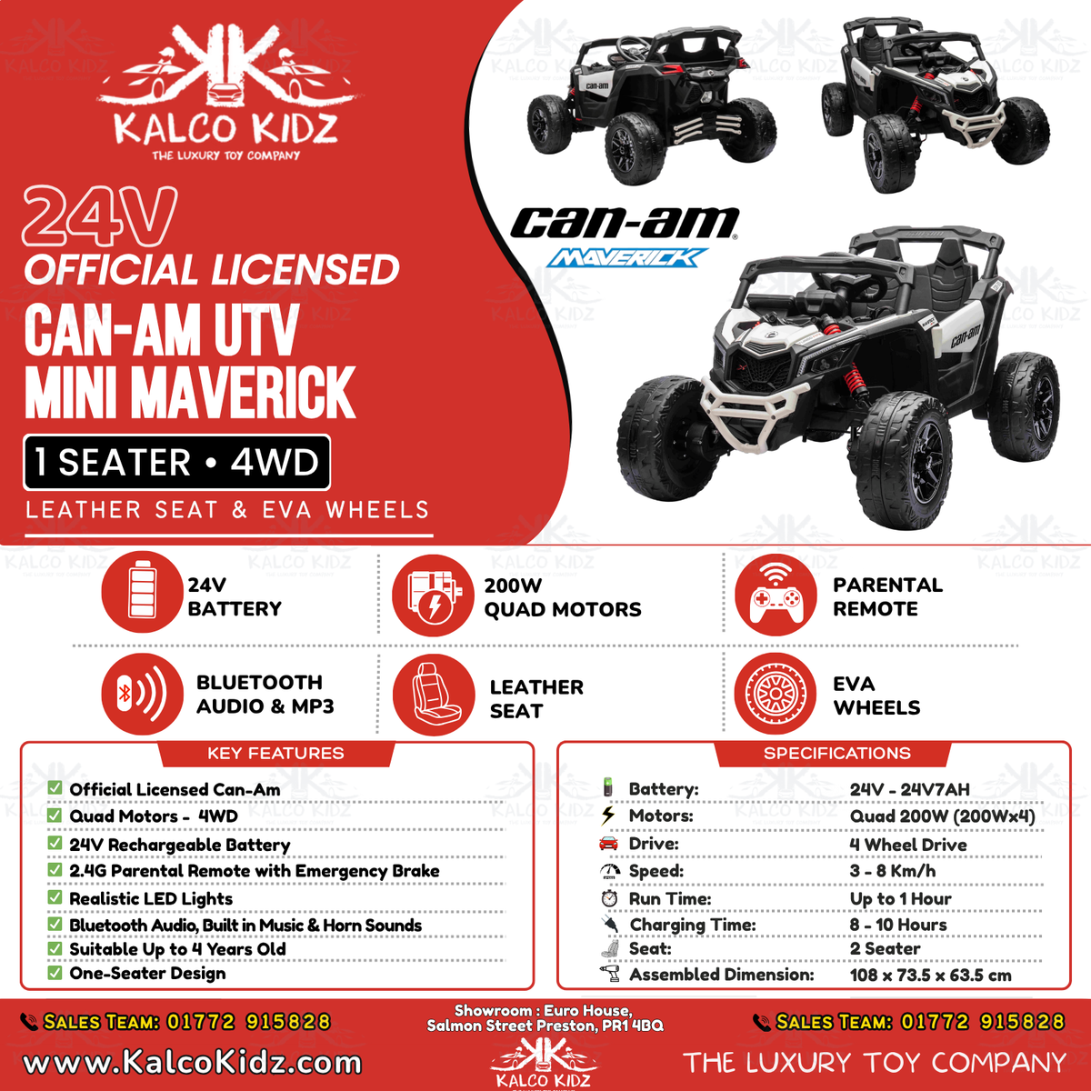 CanAm UTV MINI - White | 24V | Leather Seat | EVA Wheels | High Power | RC