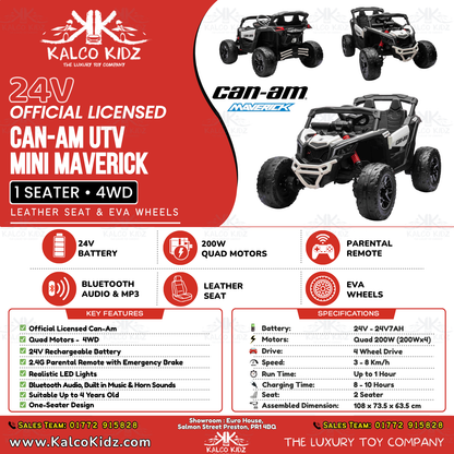 CanAm UTV MINI - White | 24V | Leather Seat | EVA Wheels | High Power | RC