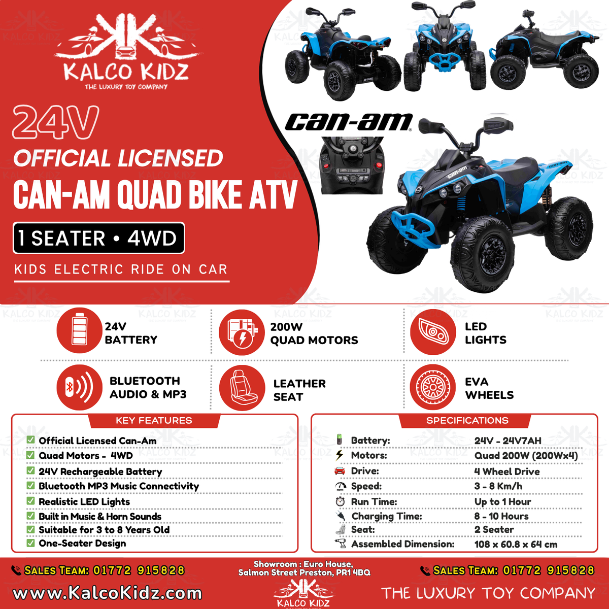 CanAm QUAD BIKE ATV - Blue | 24V | Leather Seat | EVA Wheels