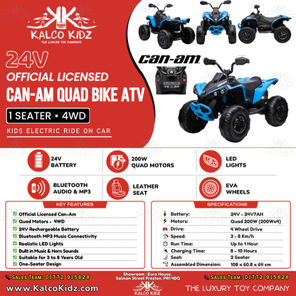 CanAm QUAD BIKE ATV - Blue | 24V | Leather Seat | EVA Wheels