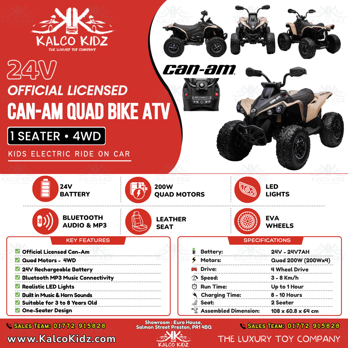 CanAm QUAD BIKE ATV - Khaki | 24V | Leather Seat | EVA Wheels