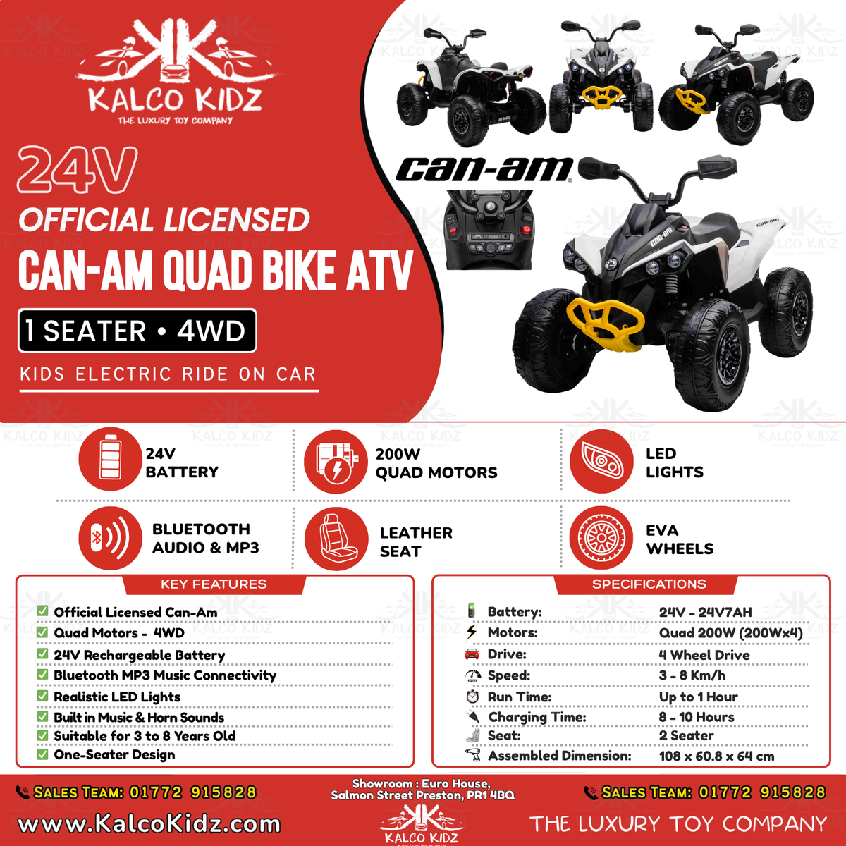 CanAm QUAD BIKE ATV - White | 24V | Leather Seat | EVA Wheels