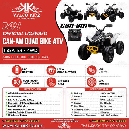 CanAm QUAD BIKE ATV - White | 24V | Leather Seat | EVA Wheels