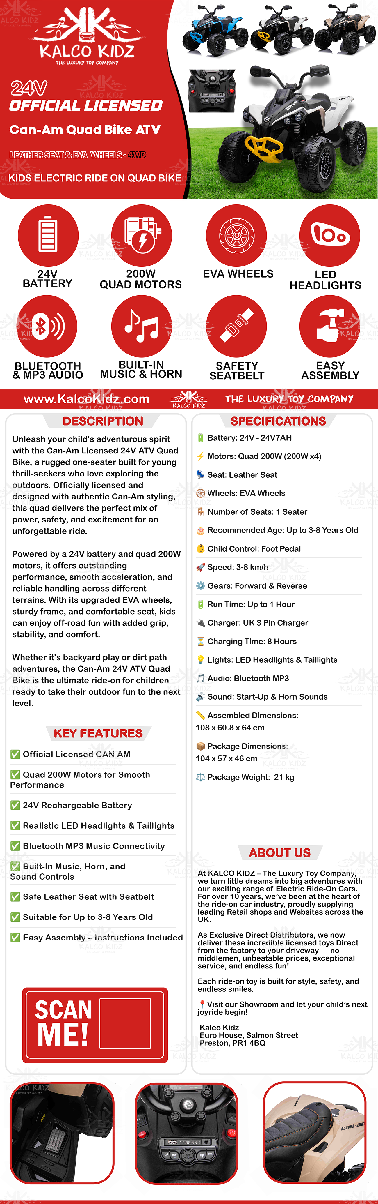 CanAm QUAD BIKE ATV - Khaki | 24V | Leather Seat | EVA Wheels