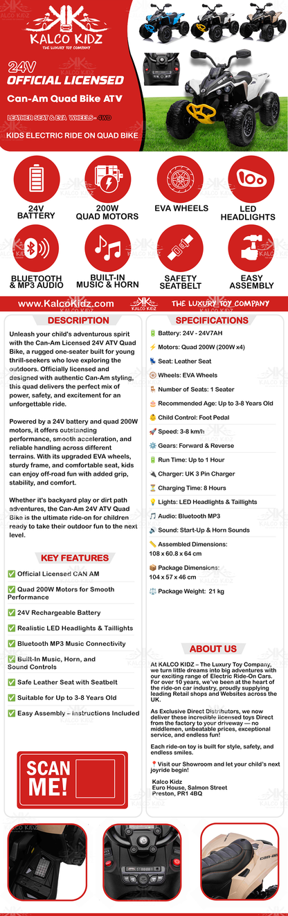 CanAm QUAD BIKE ATV - Khaki | 24V | Leather Seat | EVA Wheels