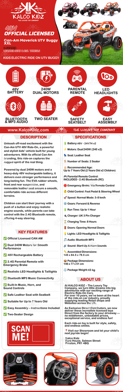 CanAm MAVERICK UTV - Pink | 48V | 2 Seater | Leather Seat | EVA Wheel | RC