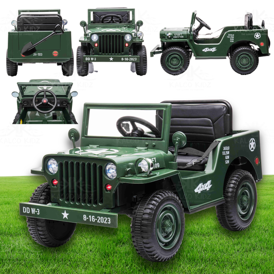 ARMY WILLY JEEP - Green | 12V | Leather Seat | EVA Wheels | Parental RC