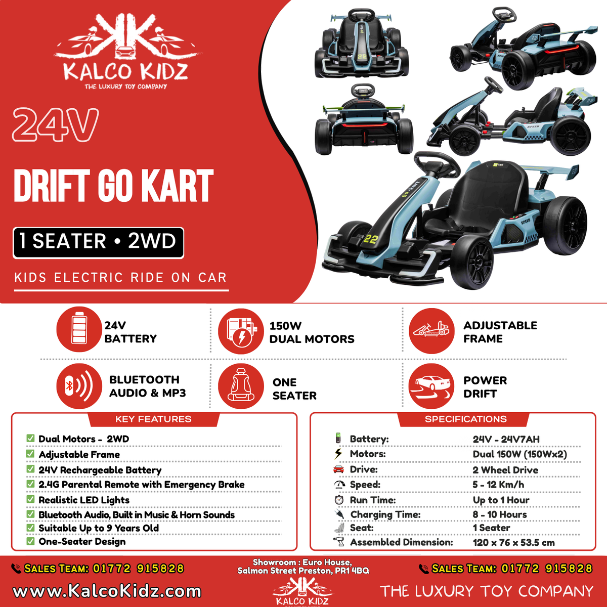 DRIFT GO KART - Blue | 24V | Bluetooth Audio | Adjustable Seat