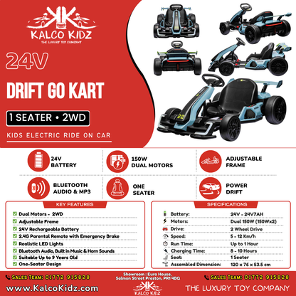 DRIFT GO KART - Blue | 24V | Bluetooth Audio | Adjustable Seat