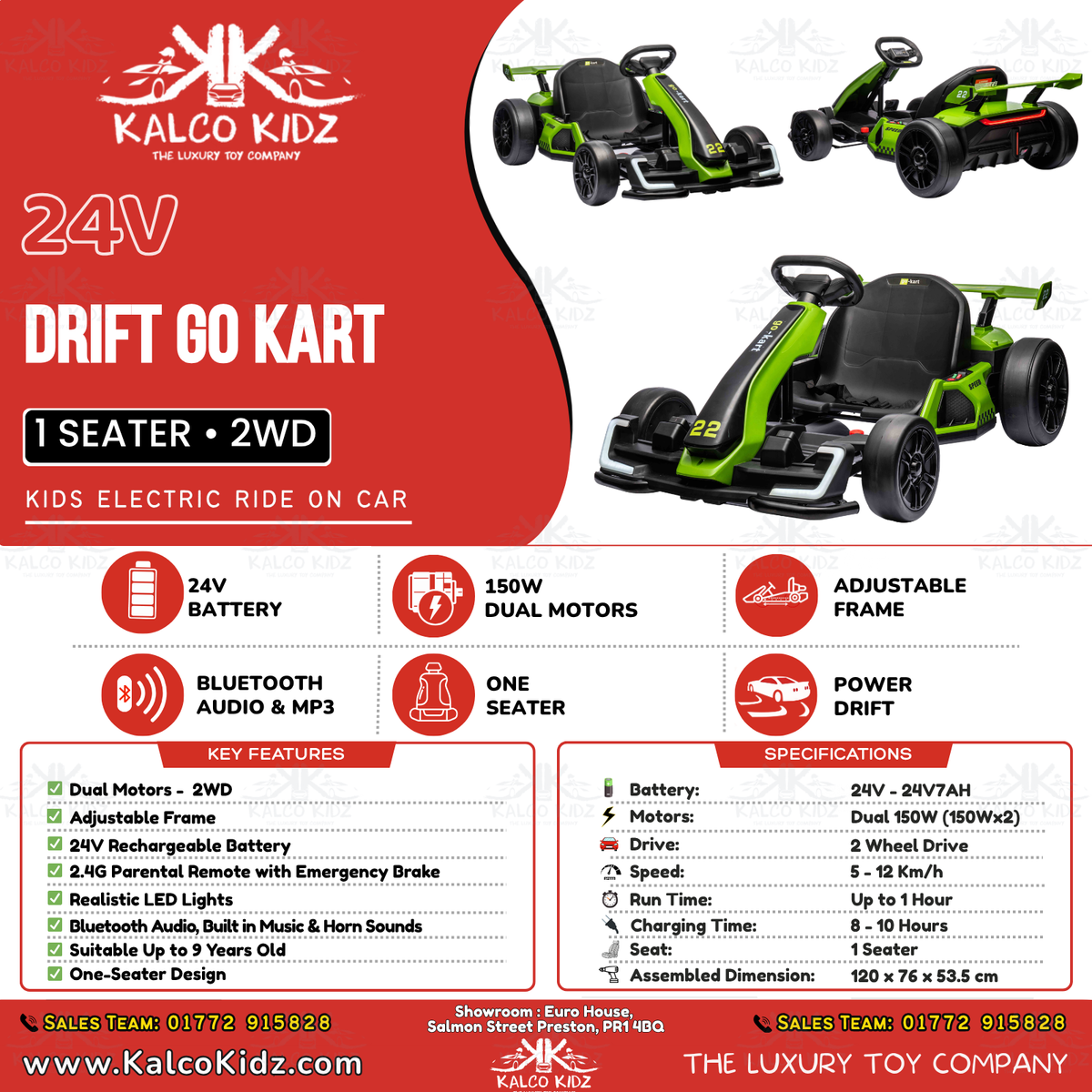 DRIFT GO KART - Green | 24V | Bluetooth Audio | Adjustable Seat