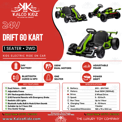 DRIFT GO KART - Green | 24V | Bluetooth Audio | Adjustable Seat
