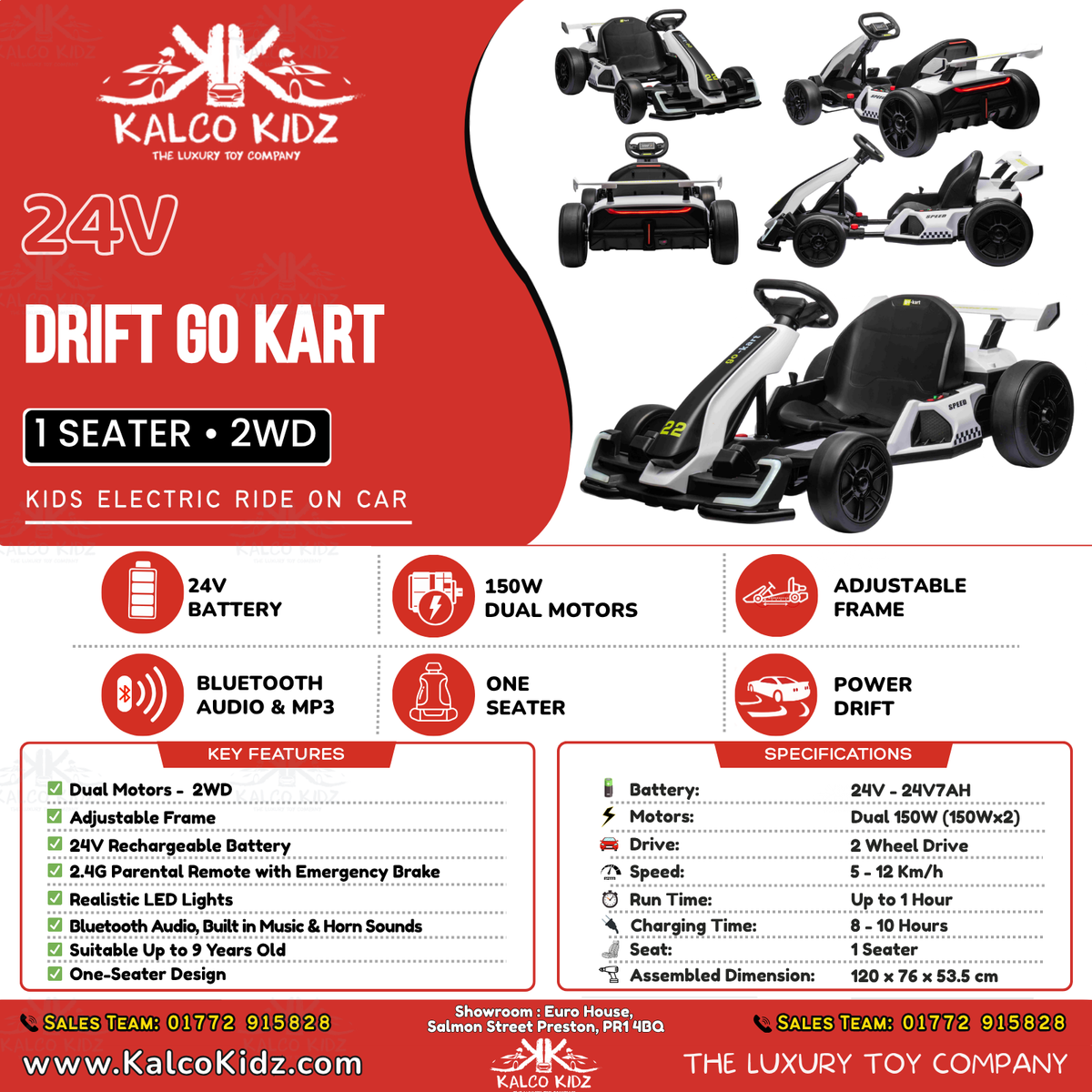DRIFT GO KART - White | 24V | Bluetooth Audio | Adjustable Seat