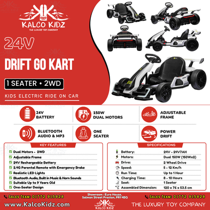 DRIFT GO KART - White | 24V | Bluetooth Audio | Adjustable Seat