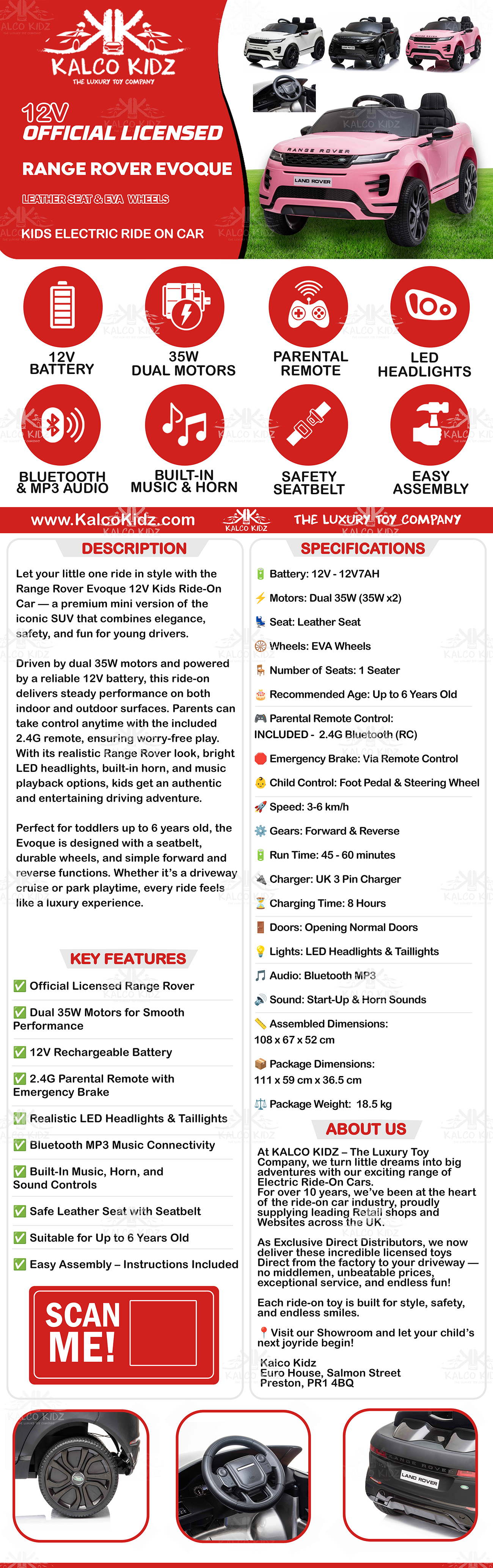 RANGE ROVER EVOQUE - Pink | 12V | Leather Seat | EVA Wheels | RC