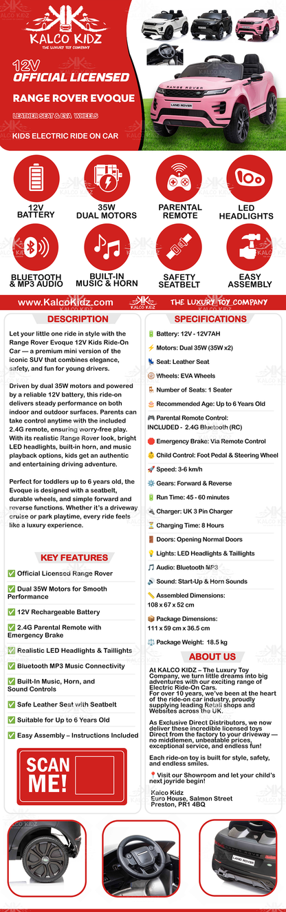 RANGE ROVER EVOQUE - Pink | 12V | Leather Seat | EVA Wheels | RC