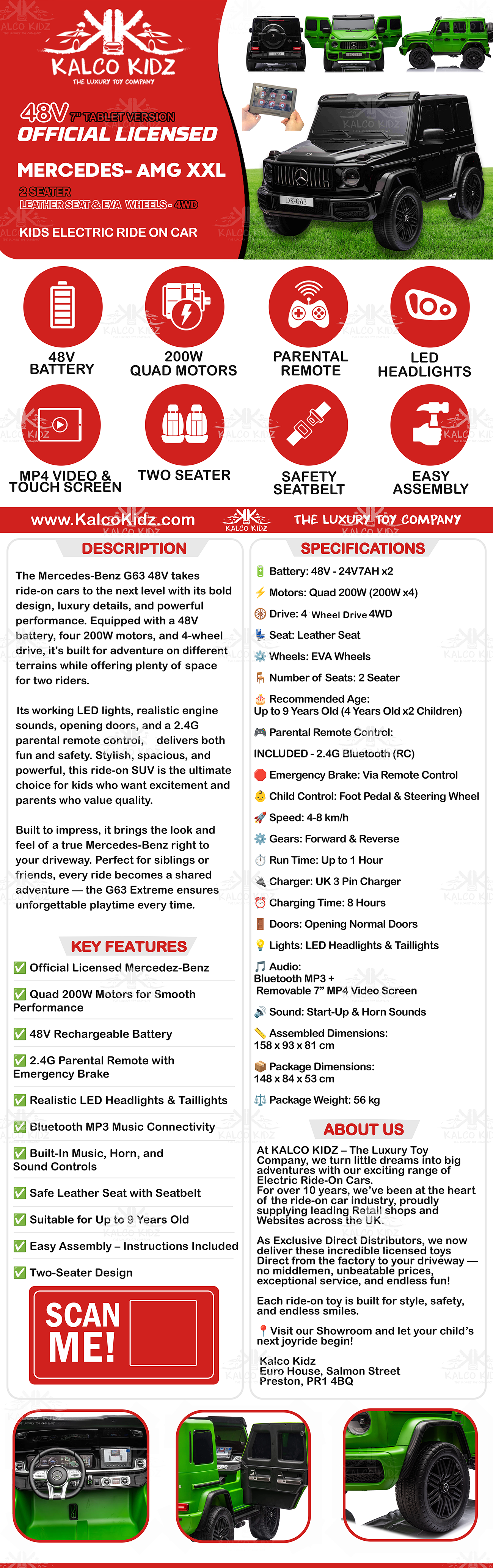 MERCEDES G63 AMG XXL - Black | 48V | 2 Seater | Removable Tablet | Leather Seat | RC