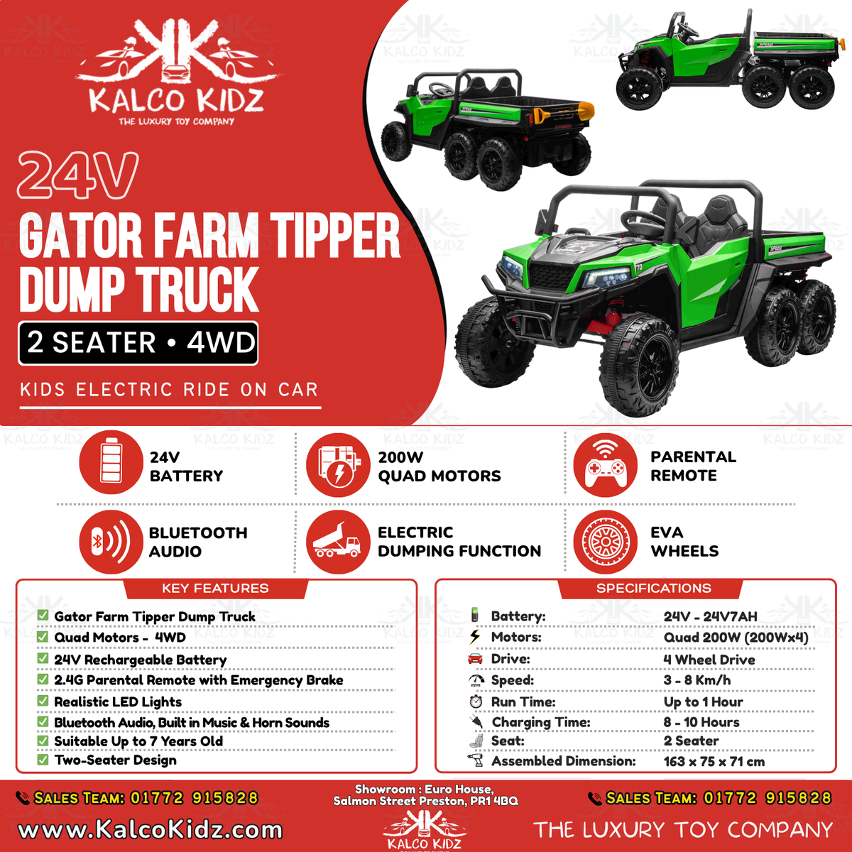 GATOR FARM TIPPER DUMP TRUCK - Green | 24V | 4WD | 2 Seater | 6 Wheels | Leather Seat | EVA Wheels