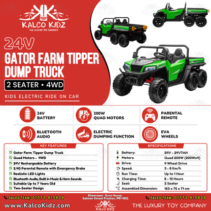 GATOR FARM TIPPER DUMP TRUCK - Green | 24V | 4WD | 2 Seater | 6 Wheels | Leather Seat | EVA Wheels