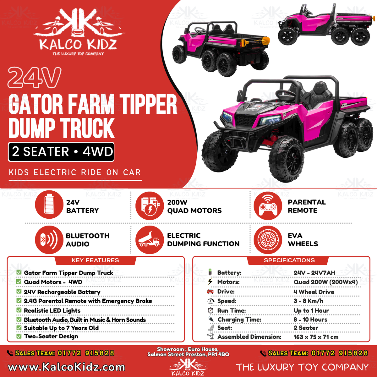 GATOR FARM TIPPER DUMP TRUCK - Pink | 24V | 4WD | 2 Seater | 6 Wheels | Leather Seat | EVA Wheels