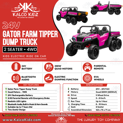GATOR FARM TIPPER DUMP TRUCK - Pink | 24V | 4WD | 2 Seater | 6 Wheels | Leather Seat | EVA Wheels