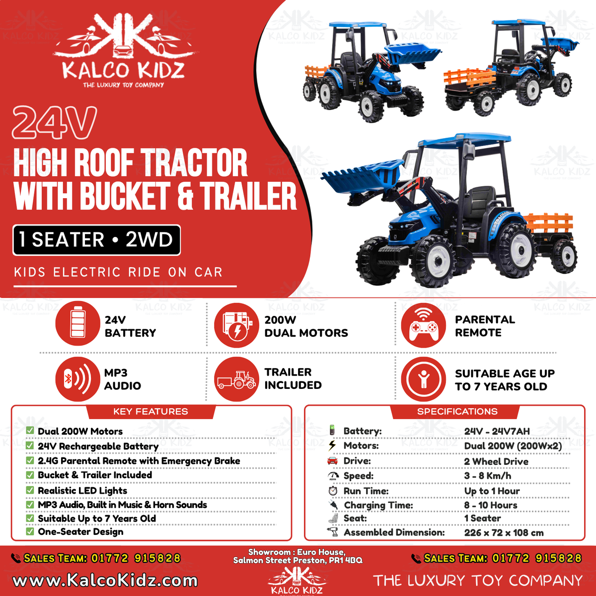 HOLLAND STYLE TRACTOR HIGH ROOF with TRAILER - Blue | 24V