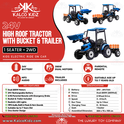 HOLLAND STYLE TRACTOR HIGH ROOF with TRAILER - Blue | 24V