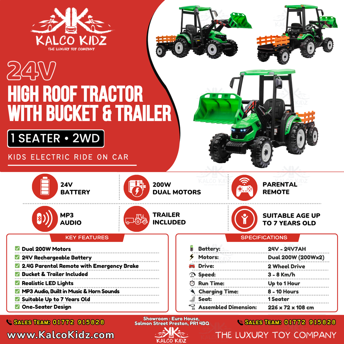 HOLLAND STYLE TRACTOR HIGH ROOF with TRAILER - Green | 24V