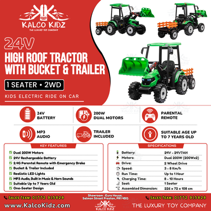 HOLLAND STYLE TRACTOR HIGH ROOF with TRAILER - Green | 24V