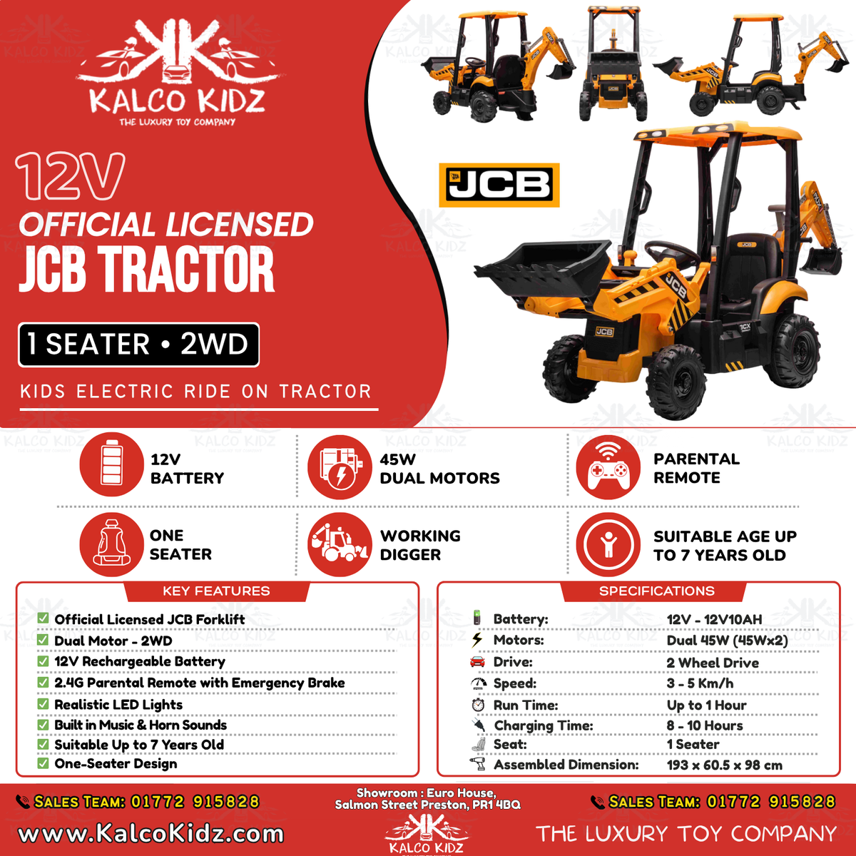 JCB TRACTOR | 12V10AH | Dual 45W | Digger & Excavator | Parental RC