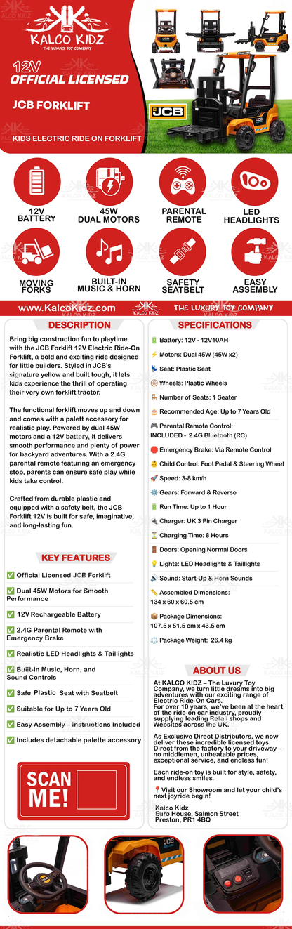 JCB FORKLIFT | 12V10AH | Dual 45W | Includes Pallet | Parental RC
