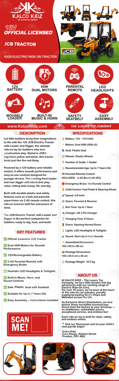 JCB TRACTOR | 12V10AH | Dual 45W | Digger & Excavator | Parental RC