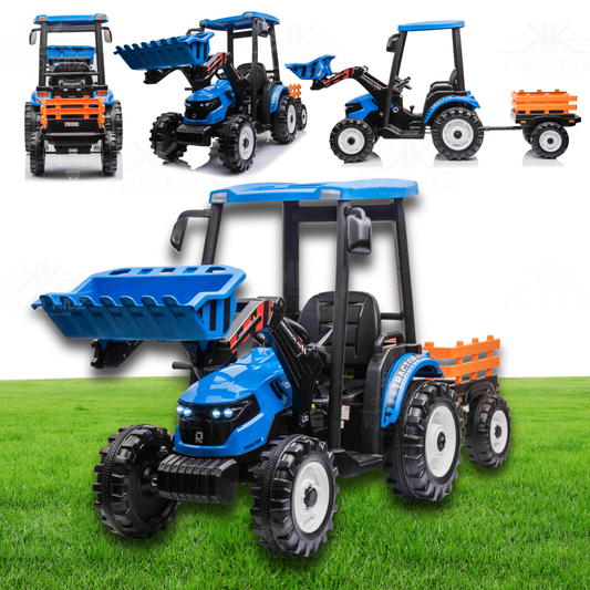 HOLLAND STYLE TRACTOR with TRAILER - Blue | 24V | Leather Seat | EVA Wheels
