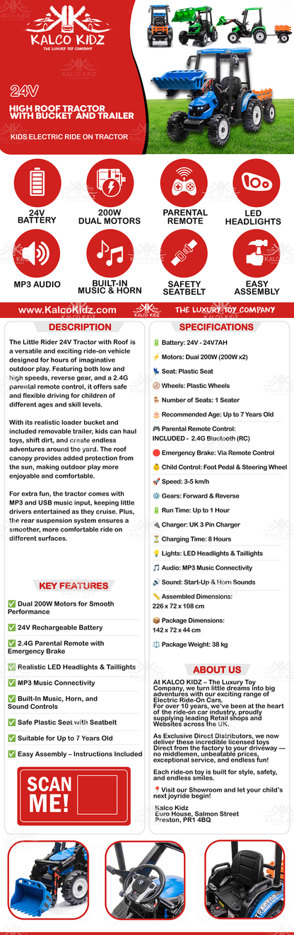 HOLLAND STYLE TRACTOR with TRAILER - Blue | 24V | Leather Seat | EVA Wheels