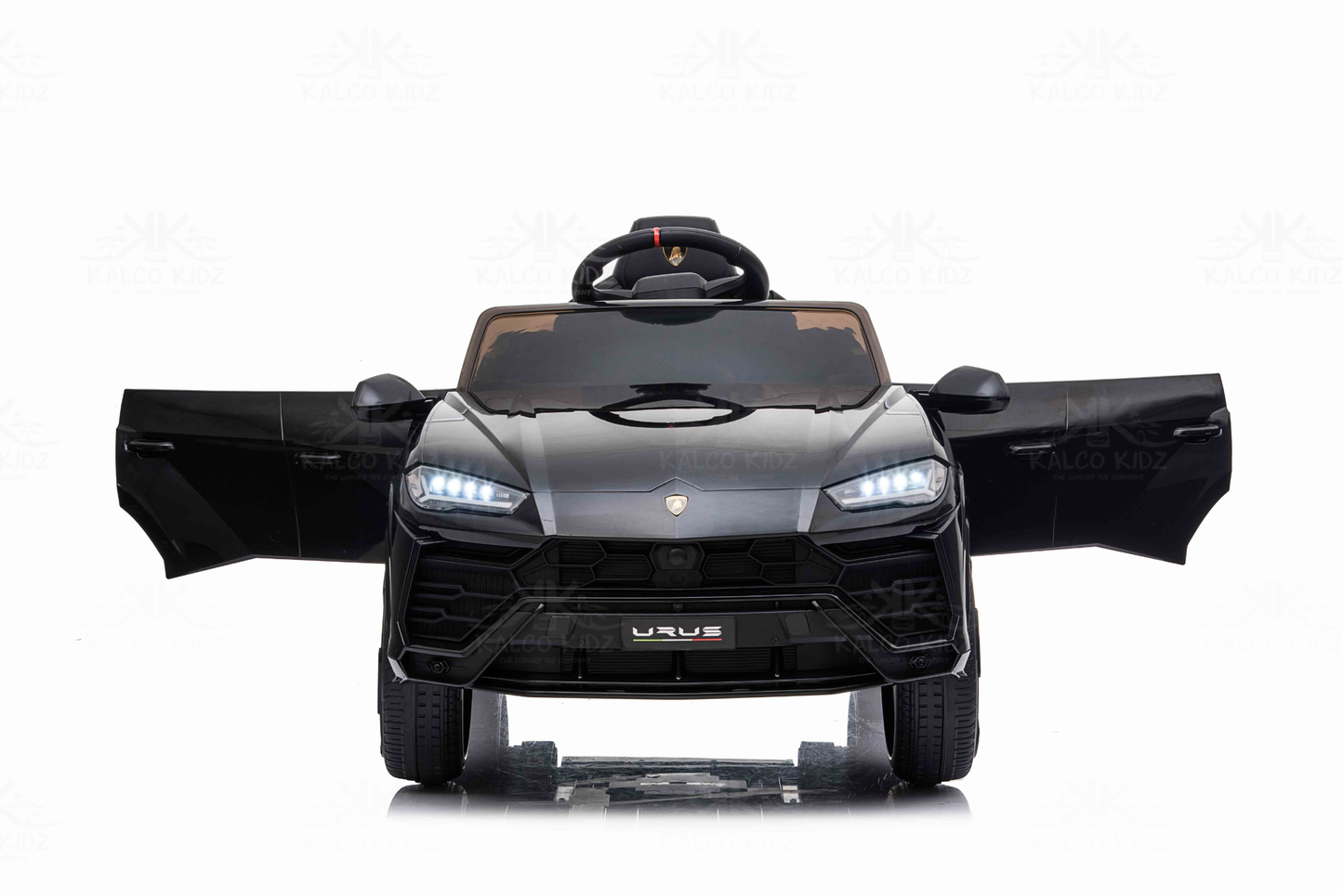 Black toy car with open doors on a white background