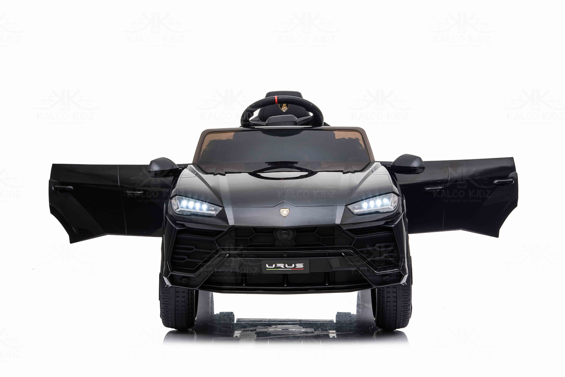 Black toy car with open doors on a white background